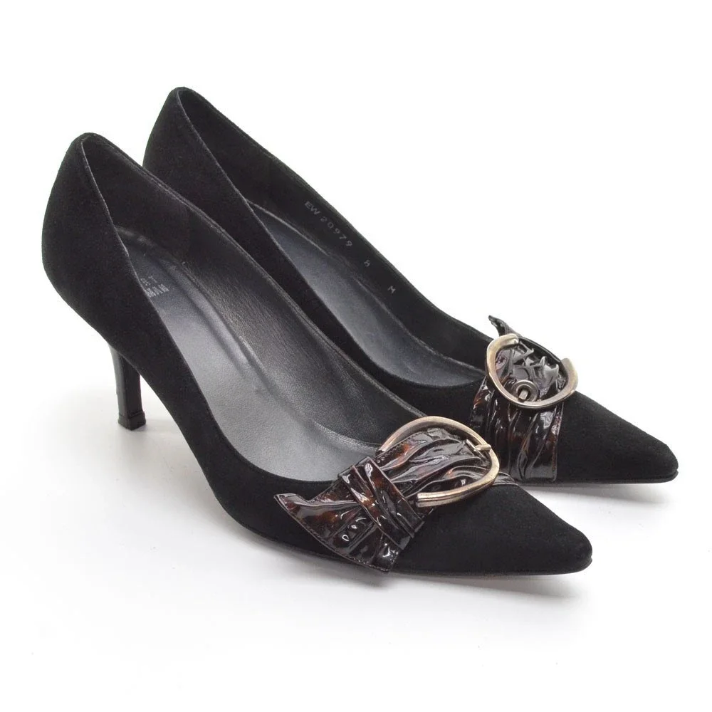Stuart Weitzman Large Buckle Black Suede Pumps 8 M